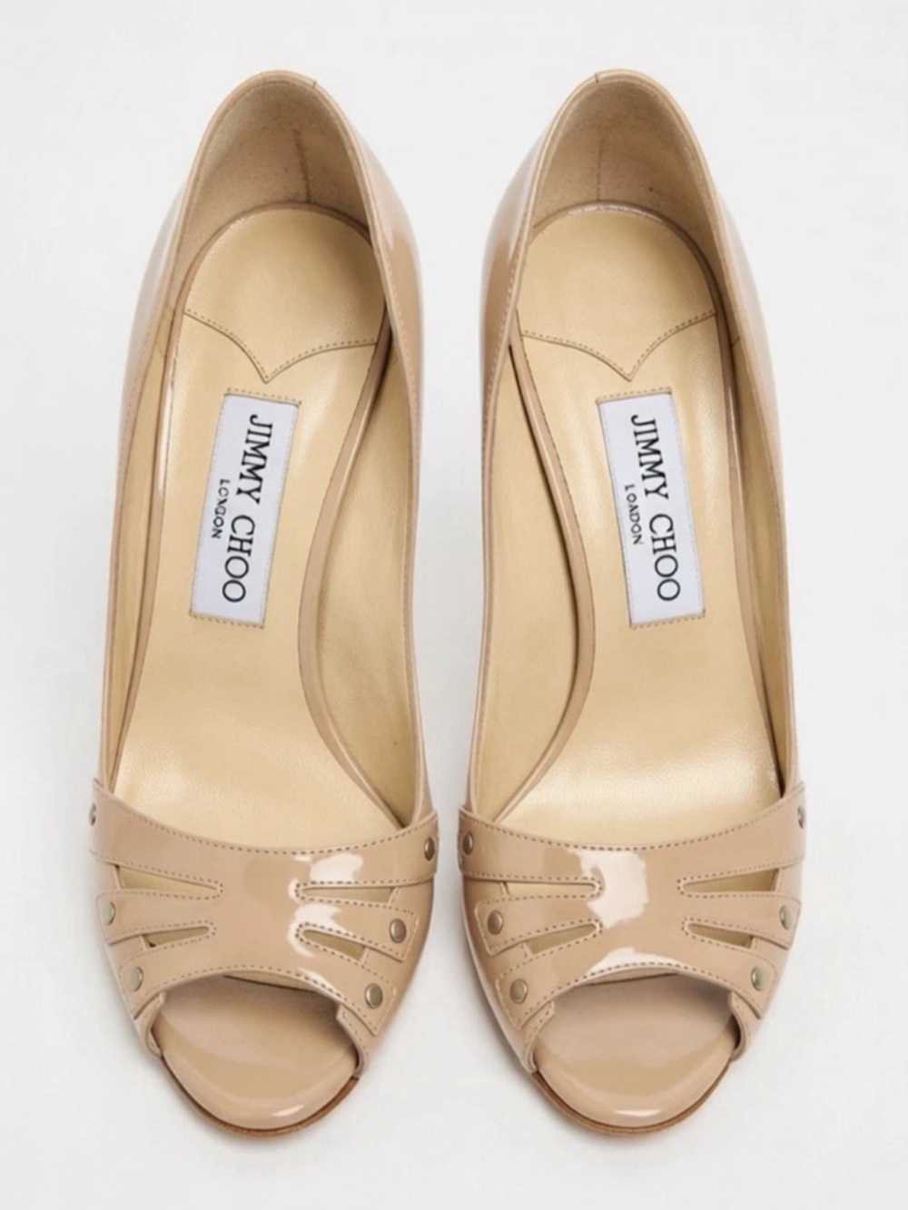 Jimmy Choo Nova nude patent leather peep-toe heels EU38 US8 $695